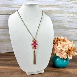 Long Purple/Pink/Cream Geometric Pattern Tassel Pendant on Gold-Tone Chain